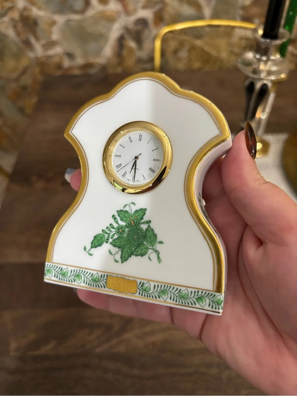 White and Gold Porcelain Mantel Clock with Green Floral Motif